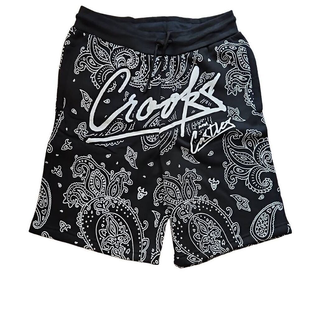 Crooks and Castles Men's Paisley Fleece Shorts Black White Medium
